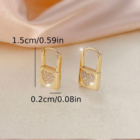 18K Gold Plated Diamond Pave Heart Pad Lock  Earrings - Picture 4 of 4